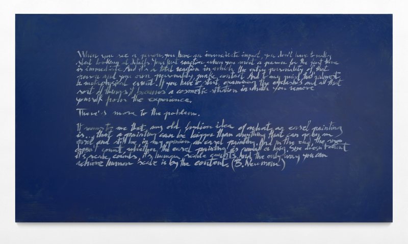 The Barnett Newman text, written with calligraphic intention on the wet surface of the painting.